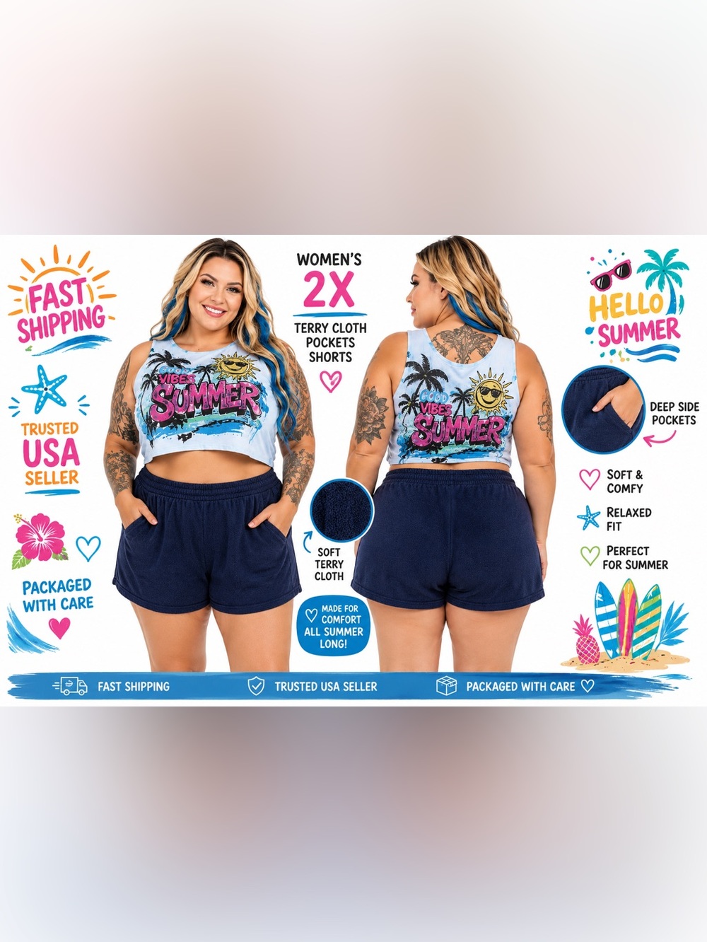 Ava Viv Women’s 2X Navy Terry Cloth Lounge Shorts Pockets Pull On Summer Casual
